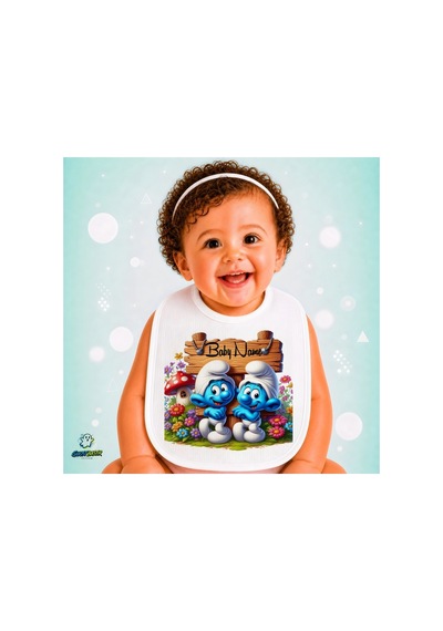 Kişiye Özel Şirinler Keten Bebek Mama Önlüğü Yumuşak - Emici - Yıkanabilir - Özel Tasarım P112 Çok Renkli