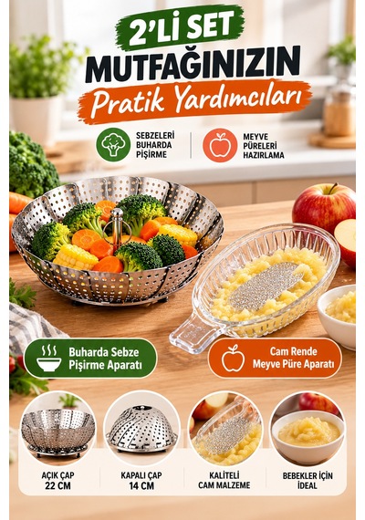 2'li Ek Gıda Seti Buharda Sebze Pişirme Aparatı Ve Cam Elma Rendesi Bebek Meyve Püresi Hazırlama Set