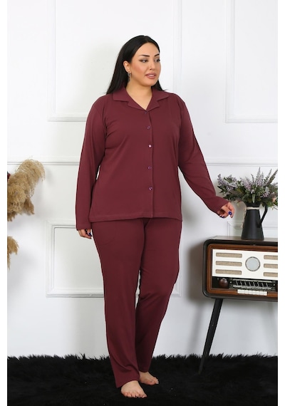 Akbeniz Kadın Büyük Beden Pamuklu Cepli Düğmeli Mürdüm Pijama Takım 202401-mürdüm Mürdüm