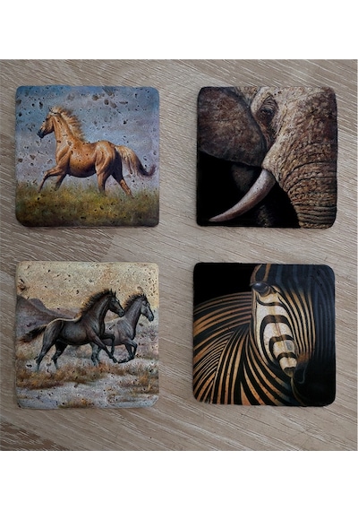 Zebra Fil Ve Atlar Doğal Taş Bardak Altlığı 4'lü Set - Natural Stone Coasters - Taş Çok Renkli