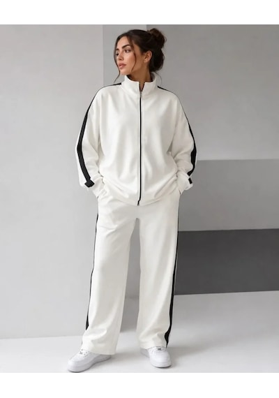DefyModa Scuba Kumaş Oversize Şerit Detaylı Fermuarlı Alt Üst Eşofman Takımı - Beyaz