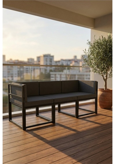 Brio 3'lü Bahçe Balkon Koltuk Takımı Keten Dokuma, Metal Karkas Siyah