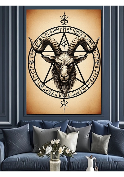 Baphomet Keçi Kafası Pentagram Dekoratif Kanvas - Mdf Ahşap Tablo