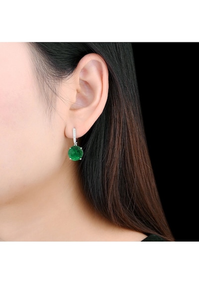 Brezza Lusso Jewelry Zümrüt Taşlı Tektaş Pırlanta Sallantılı Kadın Gümüş Küpe 9 Mm