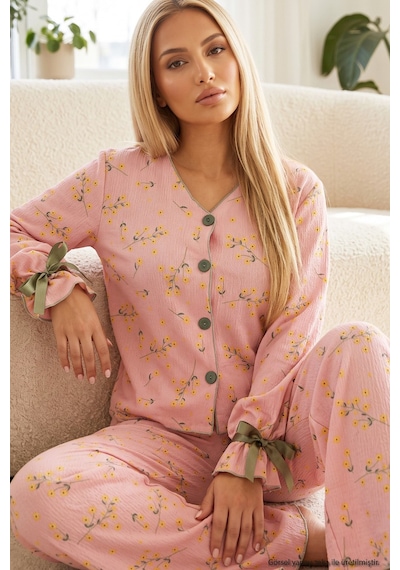 Siyah İnci Desenli Bürümcük-krınkıl Kurdele Detaylı Düğmeli Hırka Pijama Takım 26223921 Somon Çiçek