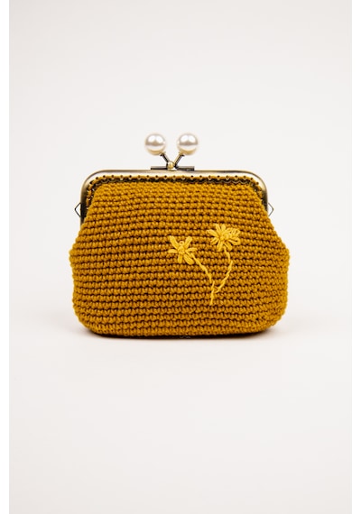Fabric Craft Bag Kadın Örgü Cüzdan Klipsli, Merserize İplik Çiçek Nakışlı Cüzdan Hardal Sarısı