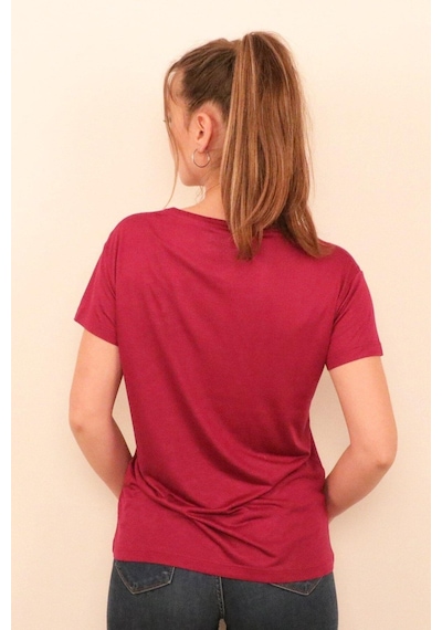 Rich Kadın O Yaka T-shirt %100 Pamuk Tişört Kirmizi