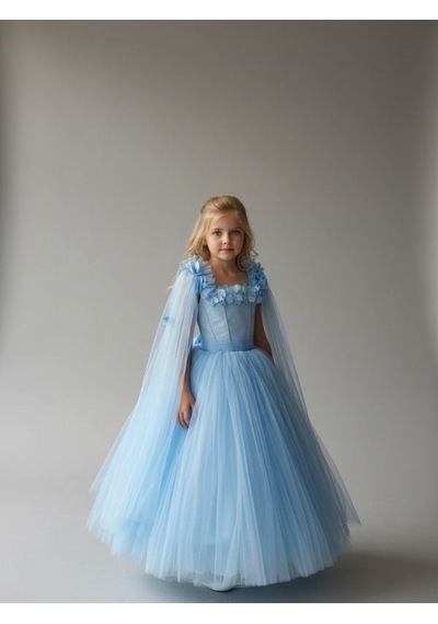 Zekids Kız Çocuk Kol Detaylı Prenses Model Abiye Elbise-17245 Mavi