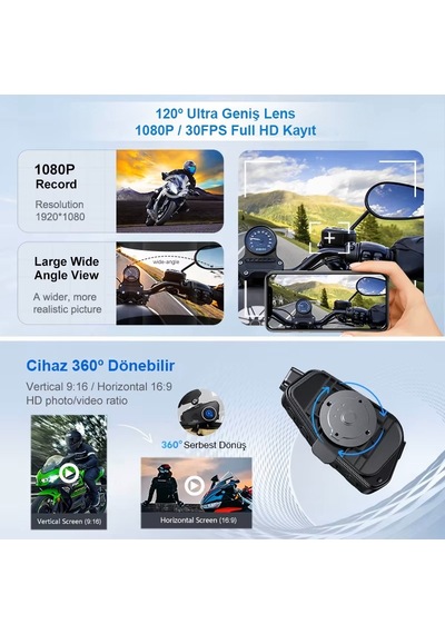Motosiklet Kask İntercom Su Geçirmez 1080p Hd Sürüş Kaydedici Kamera 5.3 Bluetooth