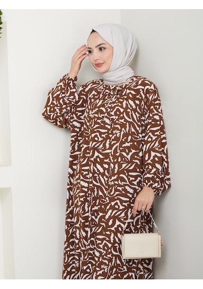 Nevayla Moda Desenli Önü Büzgülü Viskon Elbise - Taba / E0131 Taba