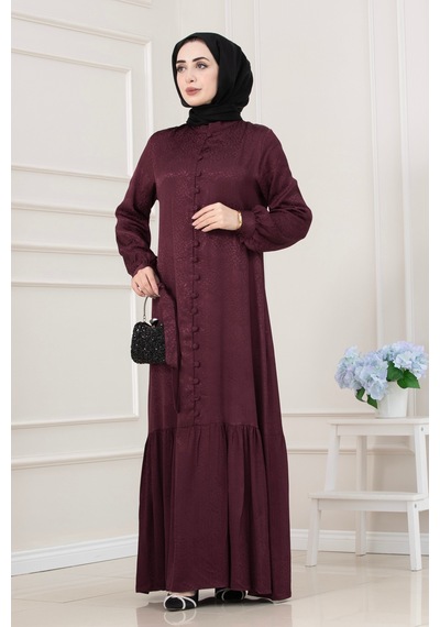 Jakar Desenli Düğmeli Abiye Elbise-bordo-5705