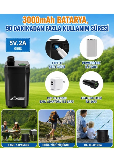 Valkyrie Şarjlı Kamp Duşu 6000mah Dijital Göstergeli Taşınabilir Duş Seti 20l Katlanabilir Kova Ipx7