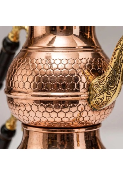 Aura Copper El İşlemeli Bakır Çaydanlık Seti 1 Mm Üst 850-950 Ml Alt 1850-1950 Ml 27 Cm Eskitme Bakır