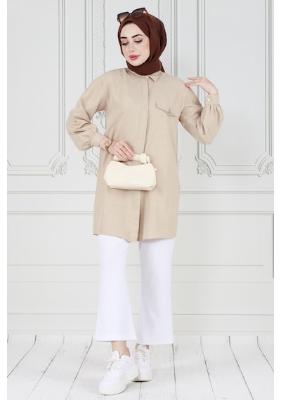 Sevitli Kapağı Taş Detaylı Tunik-bej-3570-bej Bej
