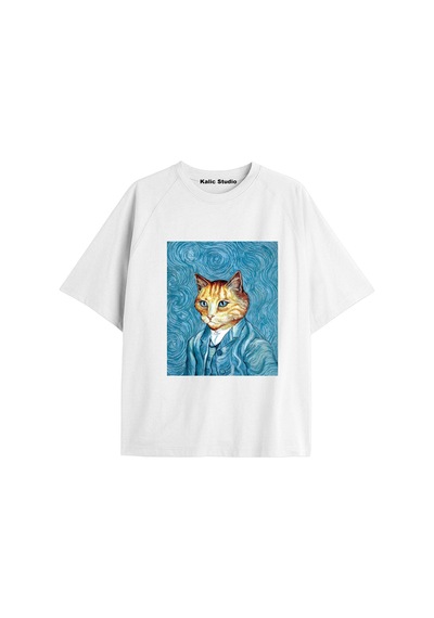 Kalic Studio Unisex Van Gogh Baskılı Oversize Tshirt Beyaz-50