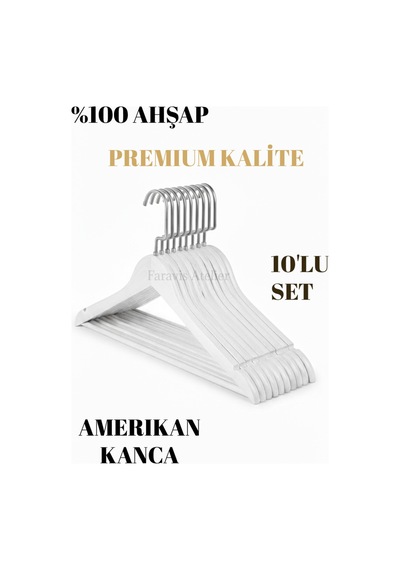 Faravis Atelier Beyaz Gümüş Ahşap Lüks Askı Kıyafet Elbise Gömlek Ve Pantolon Askısı Amerikan Kanca 10 Adet