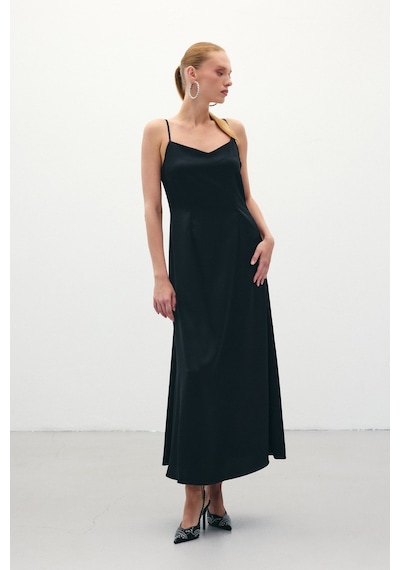 Sateen Askılı Uzun Saten Elbise - Siyah-136327 Siyah