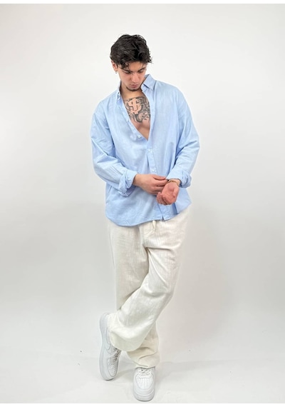 Zaee Oversize Dökümlü Keten Gömlek Baby Blue