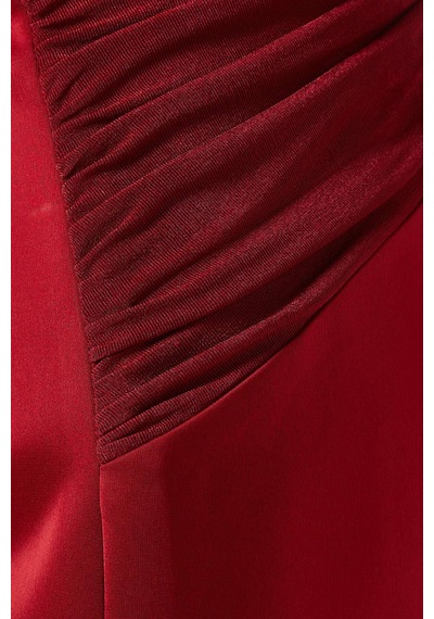 Eegen Studio Mirabel Midi Elbise - 50'ler Glamouru, Uzun Kollu, Drapeli Yaka, Taffeta Etek Kırmızı