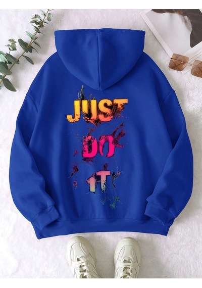 Startmore Mavi Unisex Erkek/kadın Justdoıt Renkli Özel Baskılı Oversize Kapüşonlu