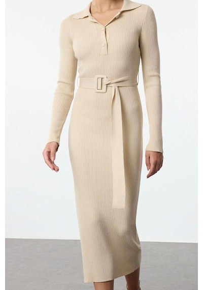 Ersefa Moda Stil Regular Polo Yaka Midi Boy Kuşaklı Triko Elbise Bej