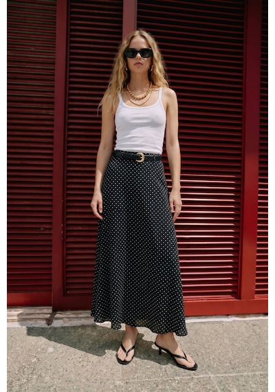 Sateen Puantiyeli Uzun Etek - Siyah-137572