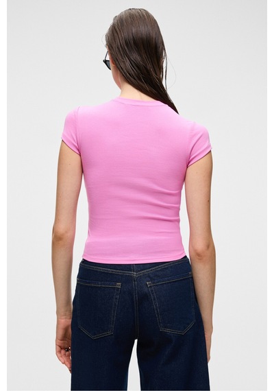 Grimelange HOPEWELL Kadın Yuvarlak Yaka Örme Slim Fit Pembe T-Shirt