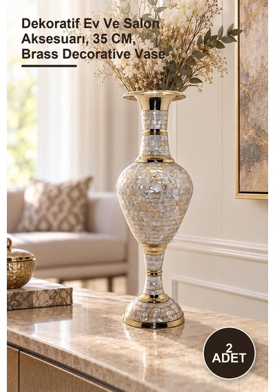2 Adet Pirinç Sedefli Vazo Dekoratif Ev Ve Salon Aksesuarı, 35 Cm, Brass Decorative Vase Nar