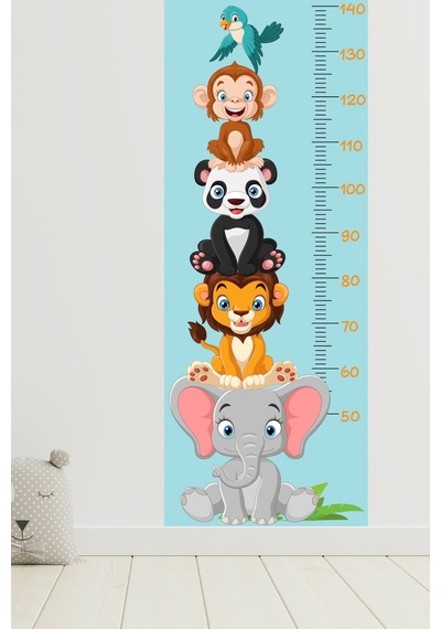 Sevimli Safari Hayvanları Boy Ölçüm Cetveli Boy Ölçer Sticker Turkuaz