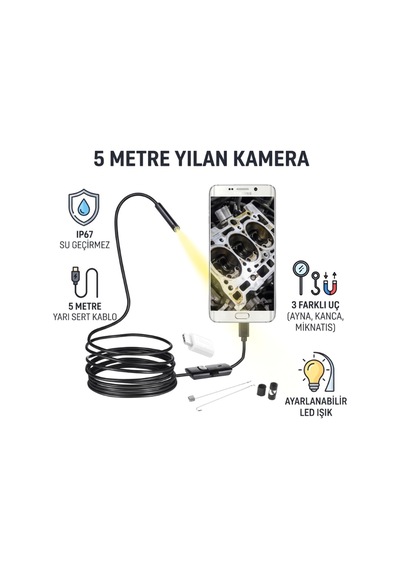 5 Metre Yılan Kamera - Led Işıklı - Ip67 Su Geçirmez - 3 Farklı Başlıklı