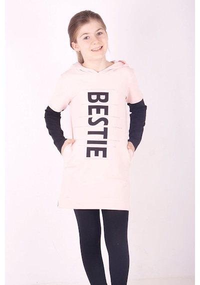 Toontoy Kız Çocuk Bestie Baskılı Kapşonlu Elbise Pudra