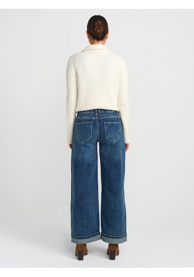 Dilvin 71743 Paçası Kıvrık Geniş Kesim Denim Pantolon Mavi