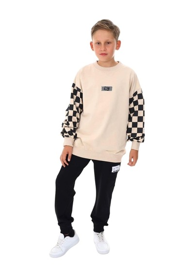 Ekkokids Erkek Çocuk East Coast Yazılı Kolları Dama Desenli Sweatshirt-13413-camel