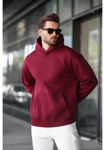 Madmext Bordo Kapüşonlu Kanguru Cep Erkek Sweatshirt E7169 Bordo