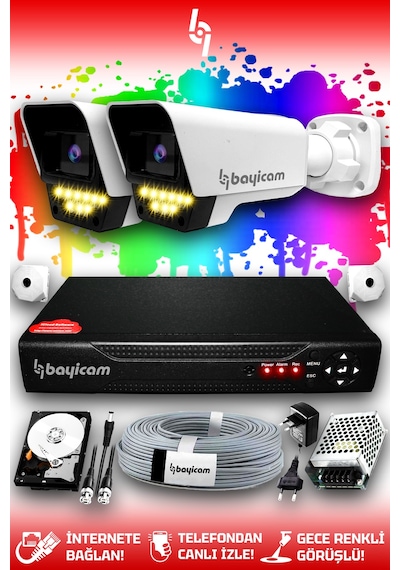 Bayicam 2 Kameralı Süper 2 Dış Kamera Set 2 TB 5 MP 2K Renkli Gece Görüşlü Güvenlik Kamerası Sistemi