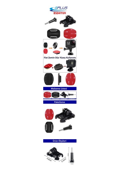 Gplus Bs04yvh 4 Parça Flat Düz Yüzey Hızlı Tak Aksiyon Kamera Uyumlu 3m Yapışkanlı Motor Kask Bağlantı Seti Siyah