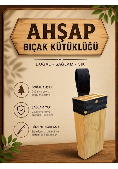 Masif Kütüklük, Kasap Ahşap Bıçak Kütüklüğü Bel Tipi, Kurban Bıçağı Koruma Kabı 4 Gözlü