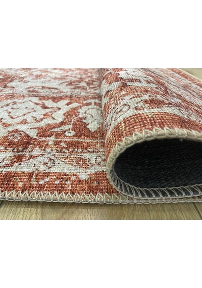 Çam Halı Anatolia 32-053 Etnik Eskitme Desenli Dokuma Tabanlı Yıkanabilir Şönil Salon Ve Oda Halısı Kiremit - Krem