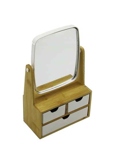 3 Çekmeceli Bambu Ahşap Standlı 9x9.5x18x21.5cm Makyaj Aynası 15x18cm Takılık 2+1 Organizer Bx40 Çok Renkli