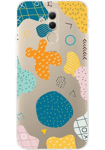 Huawei Mate 20 Lite Uyumlu Kamera Korumalı Kapak Geometrik Şekiller Tasarımlı Şeffaf Kılıf Şeffaf