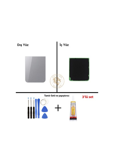 Samsung Galaxy Z Flip 5 Gri Renk Arka Kapak + Tamir Seti + B7000 Yapıştırıcı Arka Cam Batarya Kapağı Pil Kapağı Lazer Kesim Back Cover Galaxy Z Flip 5 Uyumlu 93817958
