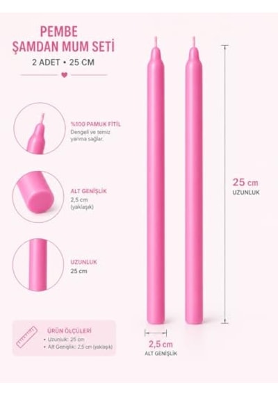 2'li Pembe Şamdan Mum Seti 25 Cm Dekoratif İnce Şamdan Mum, Kokusuz Parafin Wax,%100 Pamuk Fitil, El Döküm, Uzu Diğer