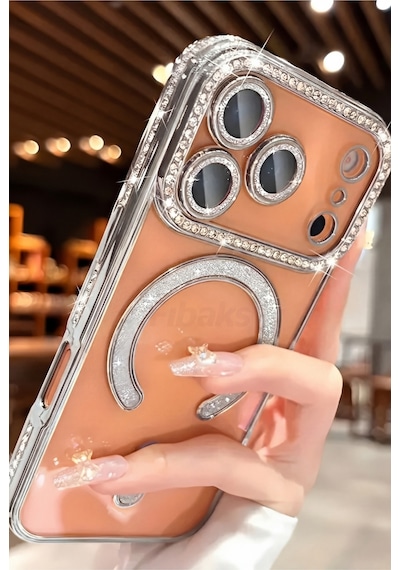 Fibaks iPhone 17 Pro Max Uyumlu Kılıf Taşlı Kamera Lens Korumalı Magsafe Şarj Kilifi Şeffaf Renkli Yumuşak Gümüş