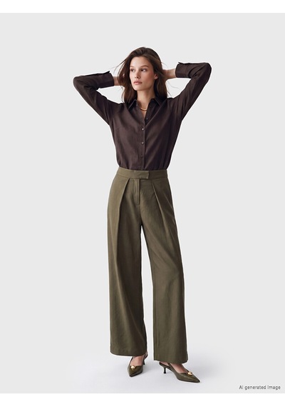 Lcw Modest Haki Geniş Paça Pileli Kadın Kumaş Pantolon