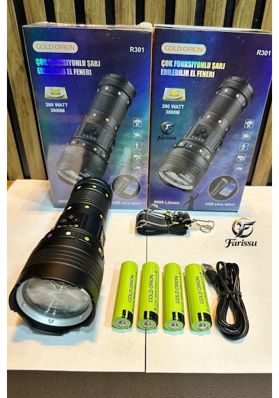 R301 Ultra Güçlü 200w Şarjlı El Feneri - 18650 Model Yedek Pilli Set, 3000m Menzil, Powerbank Özellikli Siyah