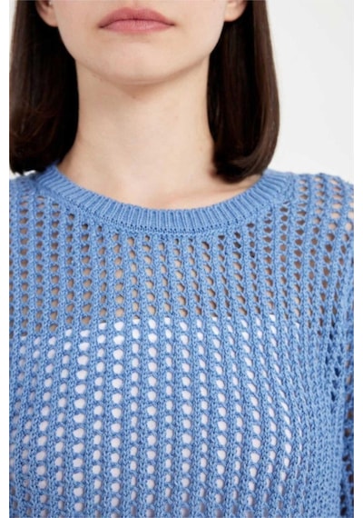 Defacto Regular Fit Bisiklet Yaka Kroşe Ajurlu Delikli Crop Triko Kazak T4513AZ24AUBE113 Mavi