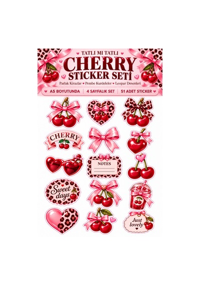 Kiraz Temalı Sticker Seti A5 Boyut 4lü Set Topam 51 Adet Sticker Çok Renkli