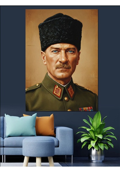 Asker Üniformalı Atatürk Portresi Dekoratif Kanvas - Mdf Ahşap Tablo