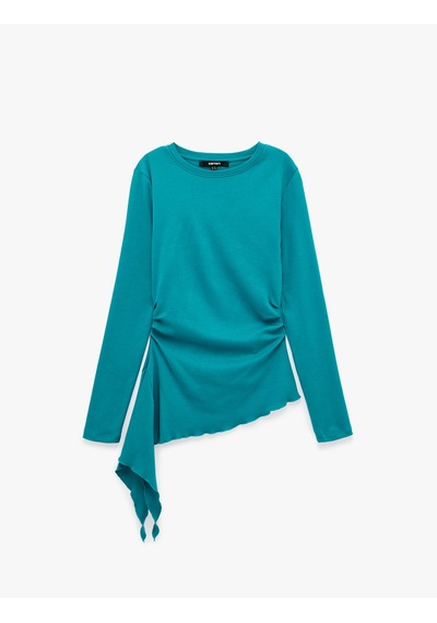 Koton Pamuklu Bisiklet Yaka Uzun Kollu Slim Fit Drapeli Asimetrik Bluz Mavi 7wak80255ek
