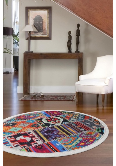 Dijidekor 9010 Patchwork Temalı Saçaklı Dijital Yuvarlak Halı Kaymaz Yıkanabilir 9010-yuvarlak-sacaklı